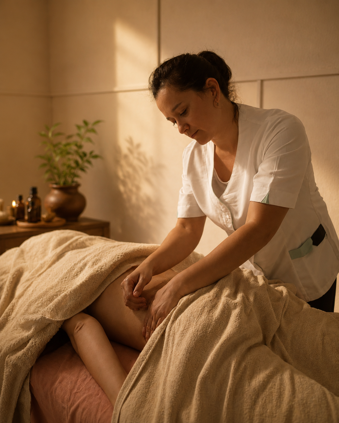 Terapeuta a realizar massagem ayurvédica num ambiente sereno