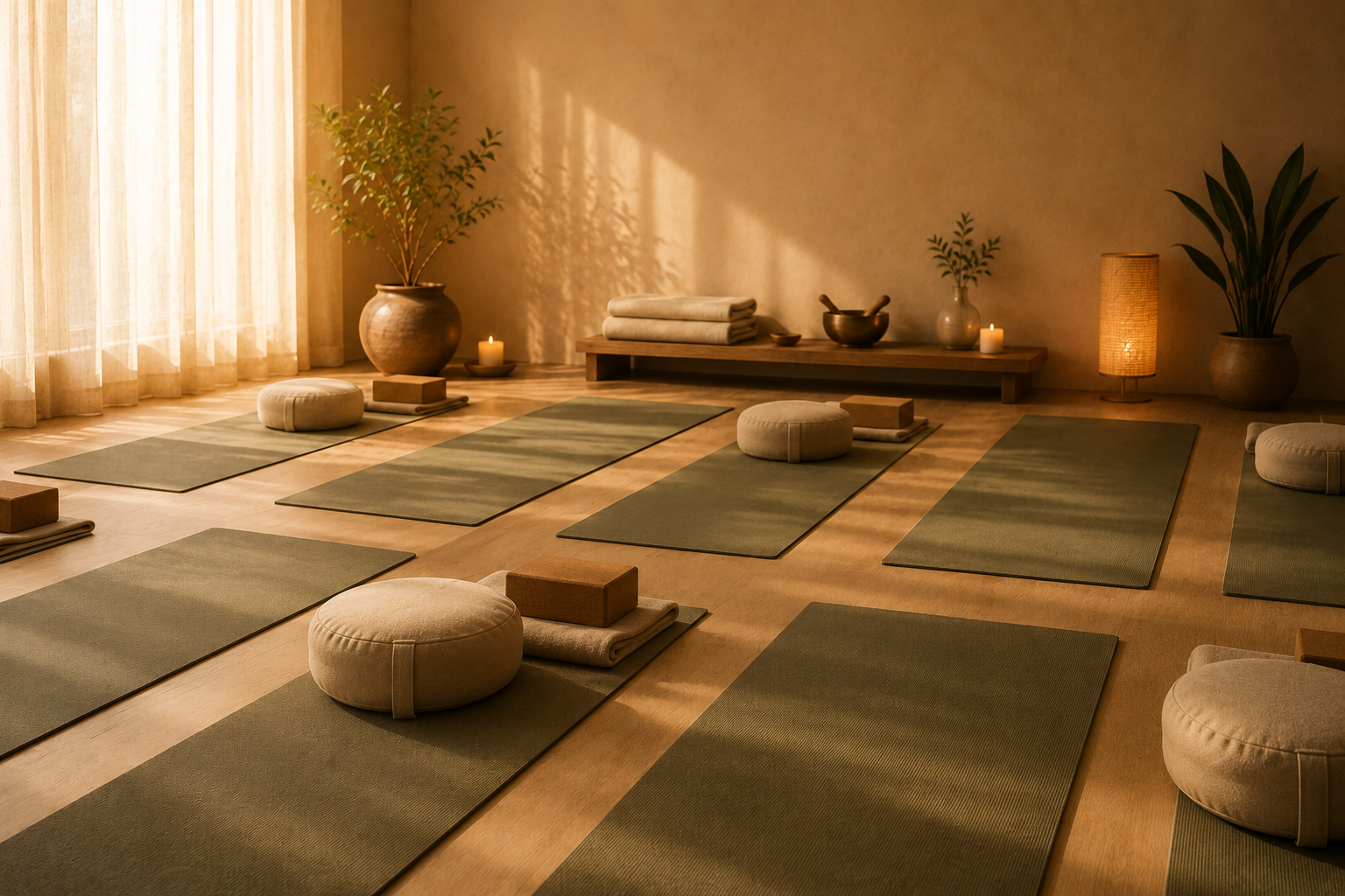 Sala de aulas de Yoga com tapetes, almofadas e luz natural suave