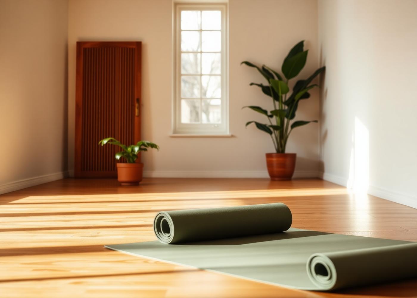 Estúdio de yoga sereno com tapetes em tom sálvia
